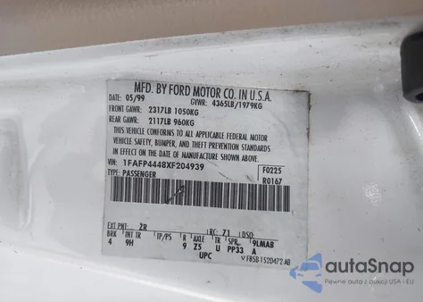 1999 Ford Mustang z USA, uszkodzony, nr VIN 1FAFP4448XF204939